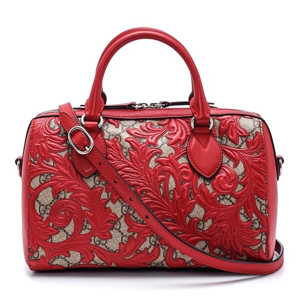 Gucci - Red GG Supreme Arabesque Leather Small Boston Bag
